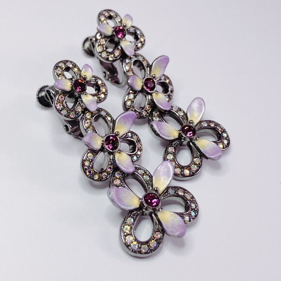 Signed Joan Rivers Enamel Floral Screw Back Earrings Y2K Rhinestone AB Dangle - Picture 6 of 11